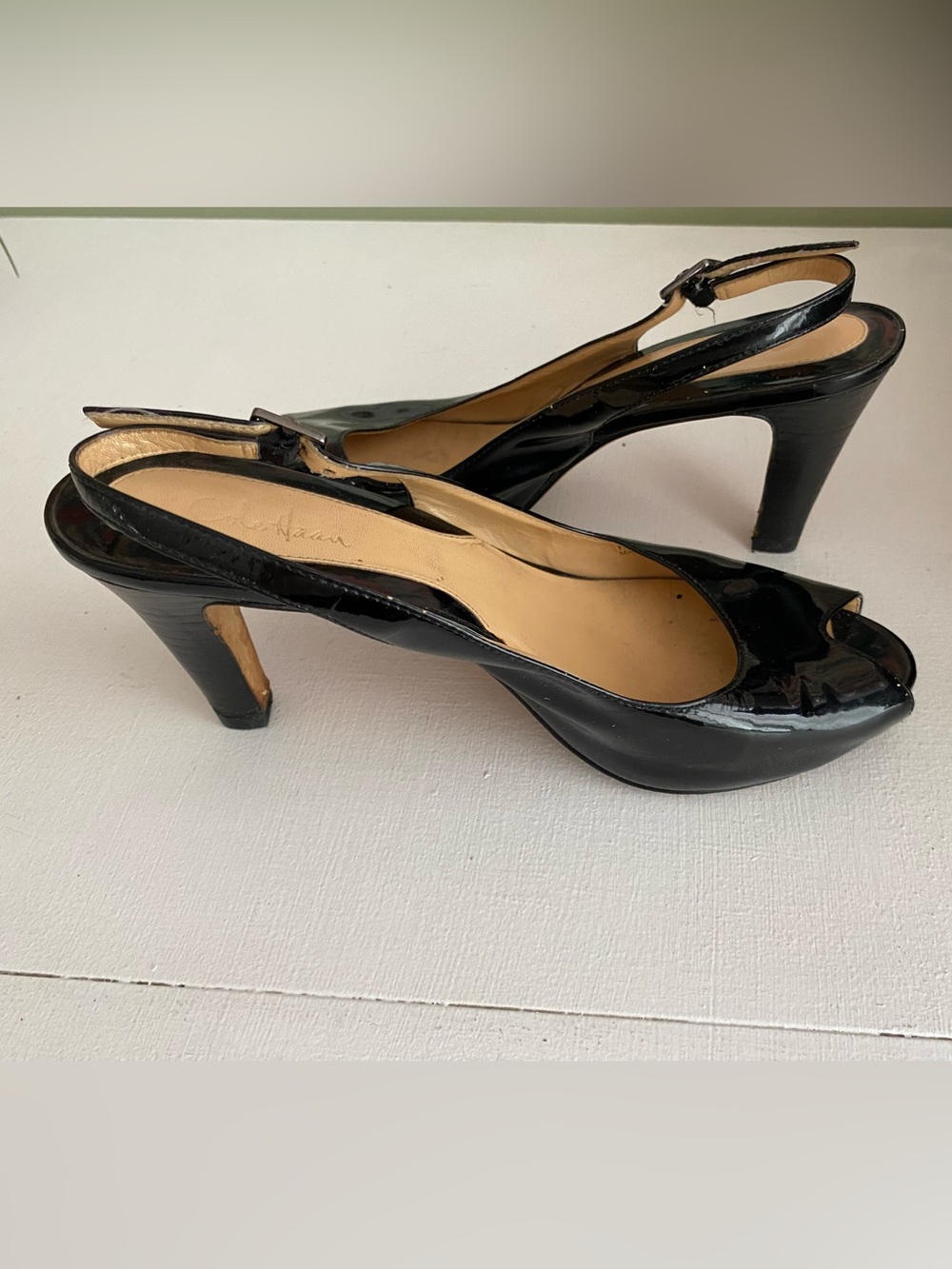 Cole Haan Black Patent Peep-Toe Slingback Heels